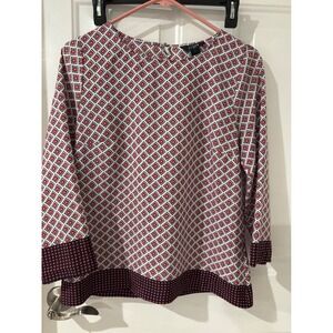 J.Crew‎ Red White Pattern Long Sleeve Blouse Top Small
